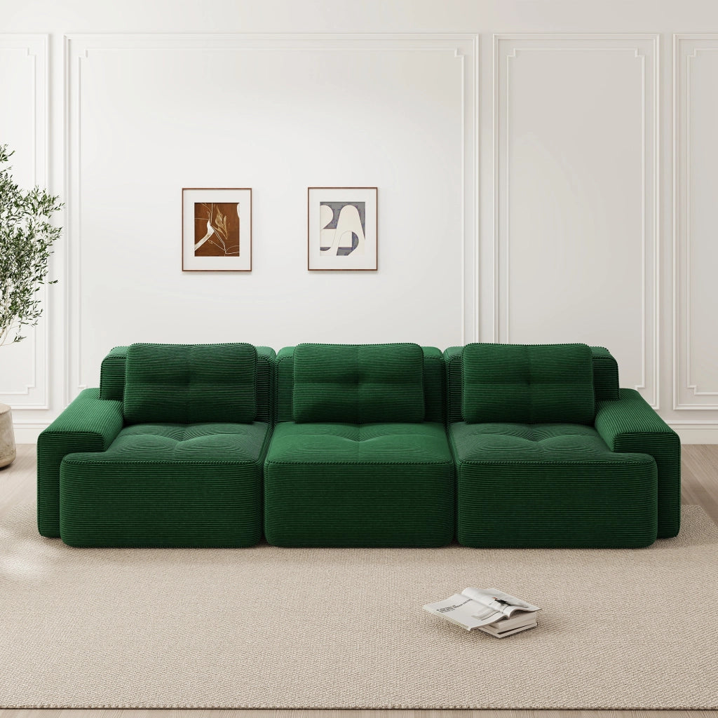 divano modulare senza struttura in velluto a coste; seduta profonda 74 cm; verde
