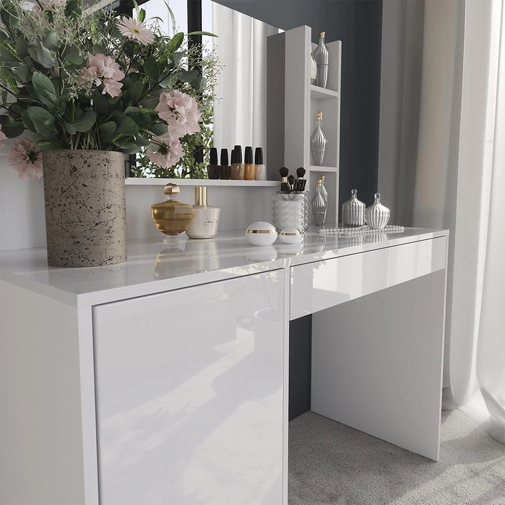 Tavolo da toeletta Sherry, Bianco/bianco lucido, 119.8 cm 4 parti