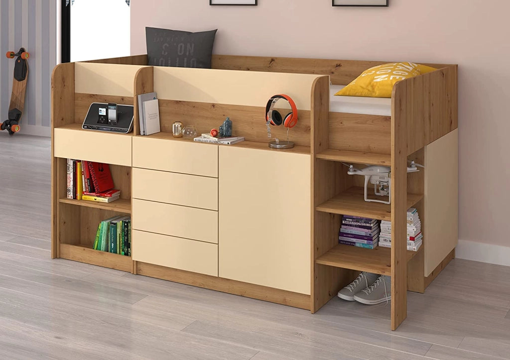 LETTO MOBILE CASSETTIERA CON SCRITTOIO SMILE P 204x 112x112cm LATO DESTRO ROVERE CREMA