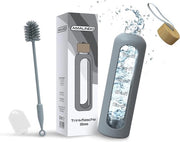 Bottiglia di vetro da 1L resistentente al shock (vetro borosilicato) - bottiglia di vetro da 1 litro con cappuccio a vite - bottiglia di acqua da riempire inclusa con fodero in silicone e spazzola (BPA-free) - Bottiglia di vetro da acqua