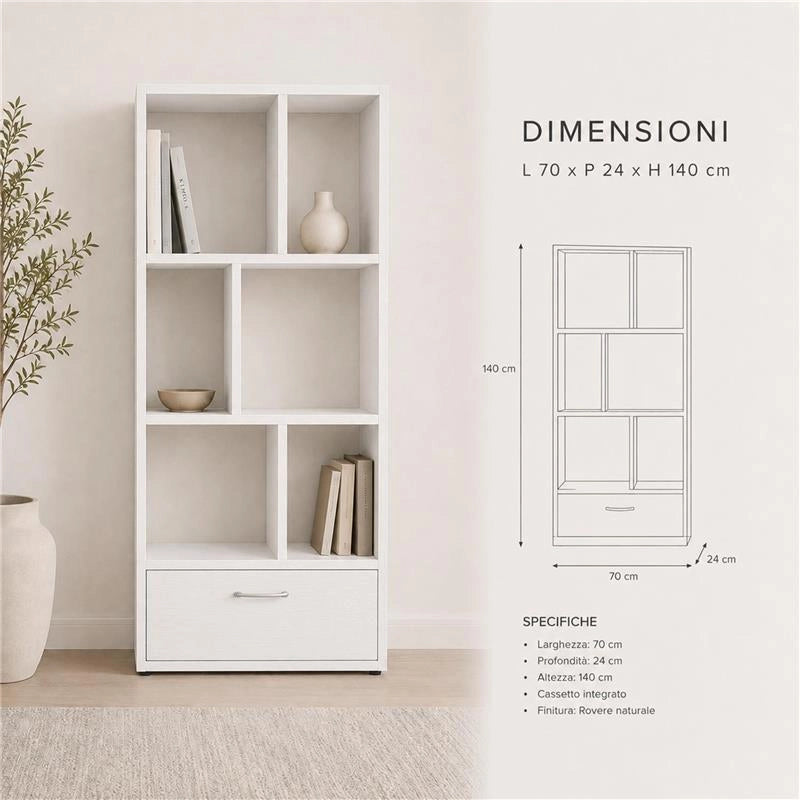 LIBRERIA IN LEGNO BIANCO MODERNA CON 6 RIPIANI SFALSATI E UN CASSETTO DIMENSIONI 70X24X140 CM