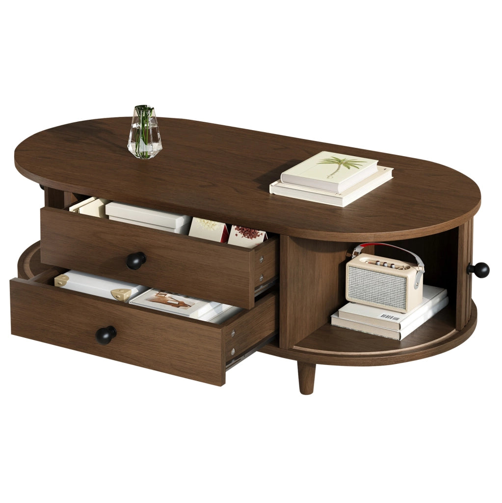 Tavolino da salotto rotondo 100x50x36 cm effetto noce; in MDF con 2 cassetti e ante scorrevoli
