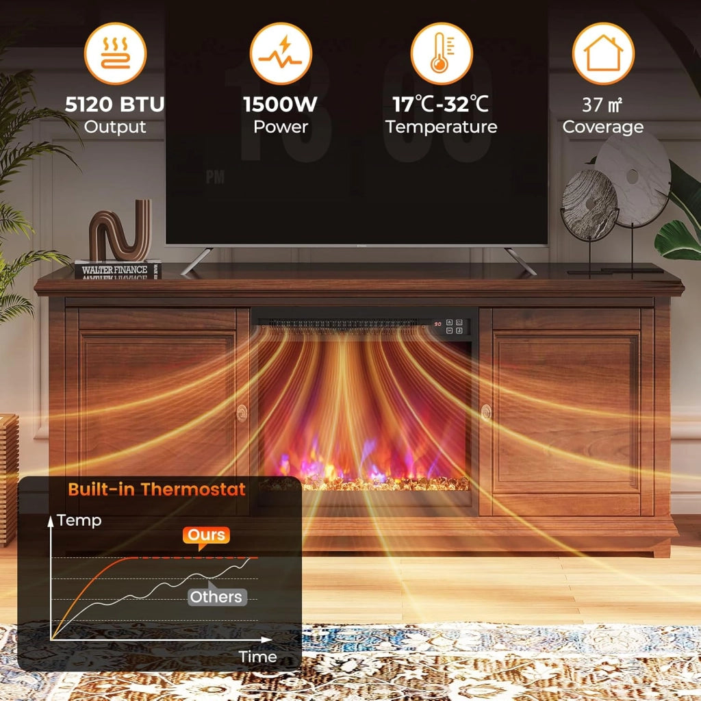 Camino Elettrico 1500W, Caminetto Elettrico con Effetto Fiamma LED a 8 Colori, 3 Livelli di Luminosità,17-32℃, Protezione Anti Surriscaldamento, Telecomando (49,1 X 12,3 X 45 CM)