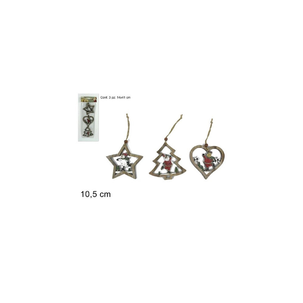 Trade Shop - 3pz Appendini Natale In Legno Forma Stella Albero Cuore Con Personaggio 10,5cm -
