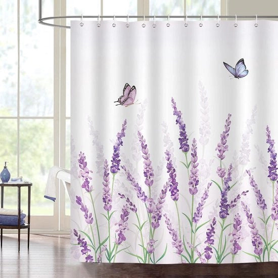 Douchegordijn a fiori di lavanda - antimuffa - 180 x 180 cm - blu - poliestere