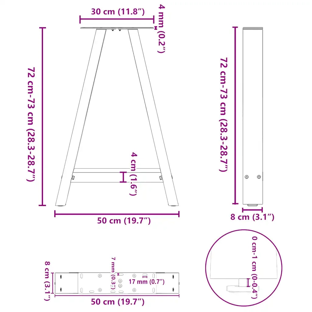 Gambe per tavolo da pranzo a forma di A 2 pz 50x(72-73) cm in acciaio