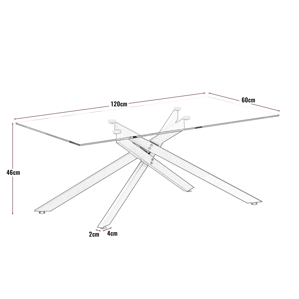 Tavolino basso in vetro temperato con struttura in metallo nero per soggiorno moderno rettangolare 120 × 60 × 46 cm