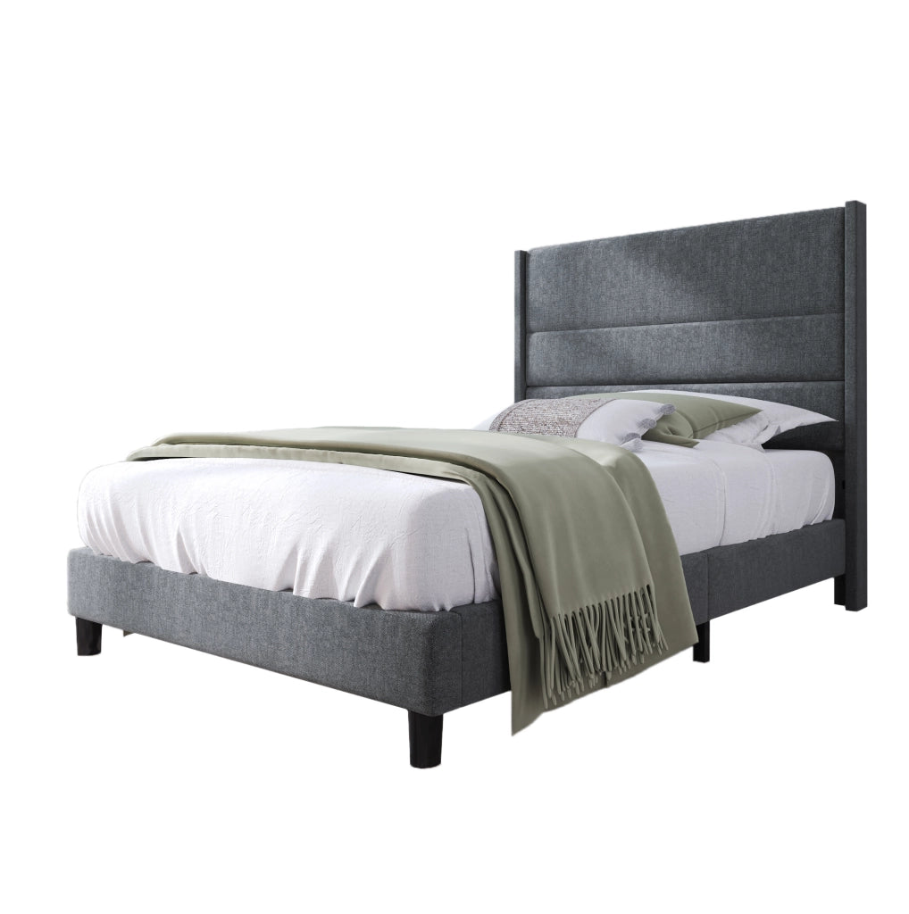 Letto singolo 90x200 in lino grigio con testiera e rete a doghe