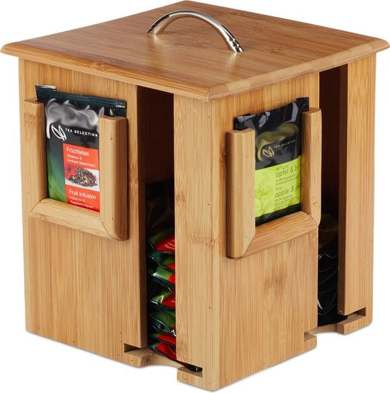 Theedoos in Bambù con 4 Compartimenti - Design Rotativo, Adatto per 160 Zucche da Tè, Ecologico e Stiloso