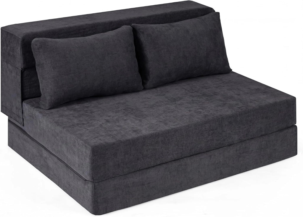 Divano Letto 2 Posti Pieghevole, 3 in 1 Divanetto Trasformabile con 2 Cuscini, Schiuma ad Alta Densità e Rivestimento in Tessuto Chenille, Poltrona Letto per Soggiorno (Grigio,72 x 76 x 58 cm)