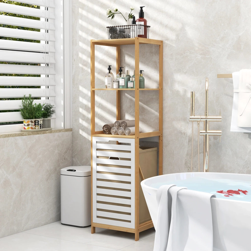 Cesto per Biancheria a 3 Ripiani con Mensole, Bambù Naturale e Bianco, Frontale Basculante 45°, Salvaspazio e Robusto per Lavanderia