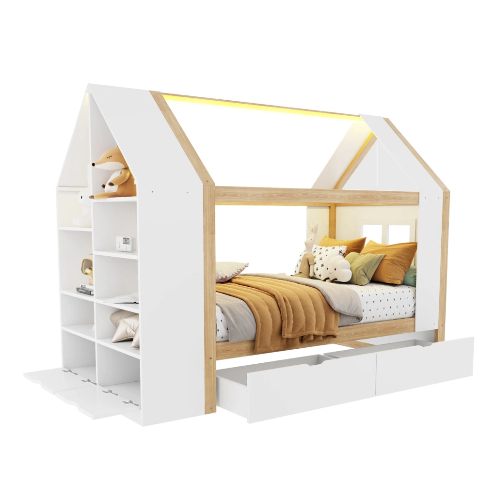 Letto per bambini a casetta 90x200 cm con cassetti, vano contenitivo e LED