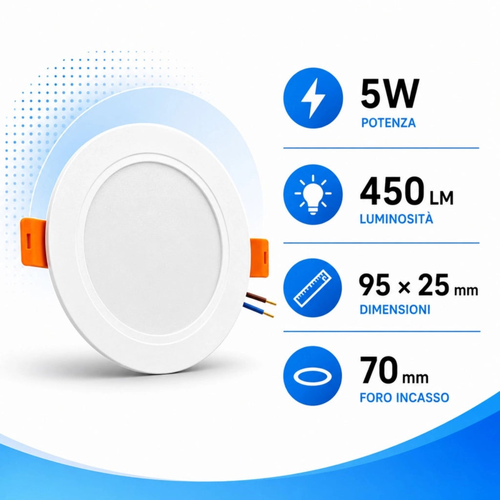 Faretto Led da Incasso CCT 5W 450lm, D95X25mm, Foro 70mm, 3 Colori 3000K 4200K 6500K Angolo 120° IP20