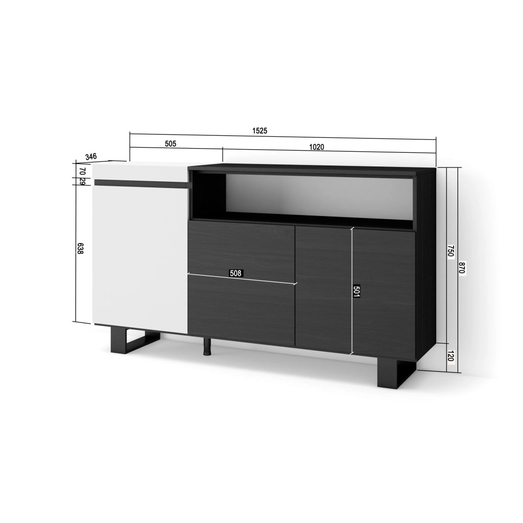 Credenza, Mobile, 150x35x87cm, 3 Porte, Design industriale, Bianco e nero RF2505