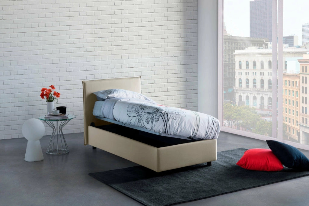 Letto singolo Astor, Letto contenitore con rivestimento in tessuto, Made in Italy, Apertura laterale, con materasso cm 80x190 incluso, Beige