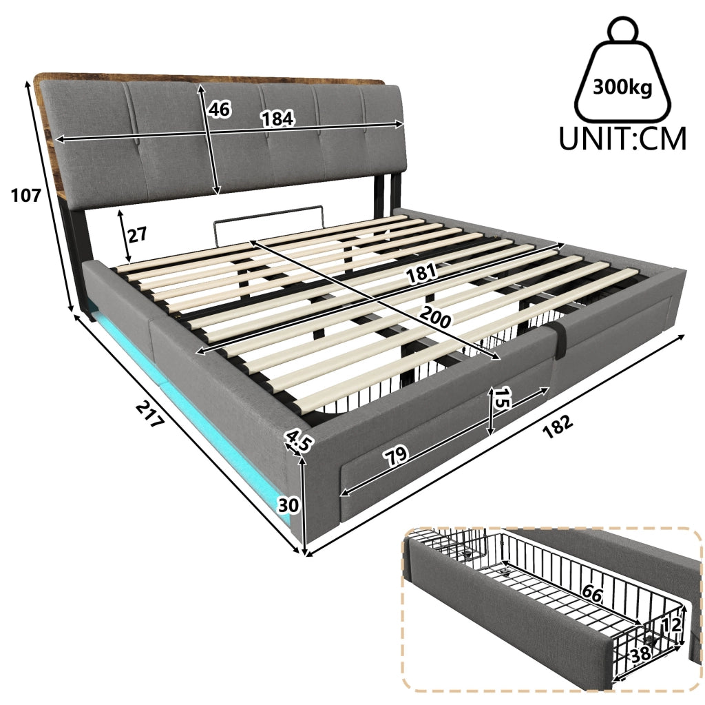 LETTO Contenitore 180x200 cm Lino Grigio con USB e LED