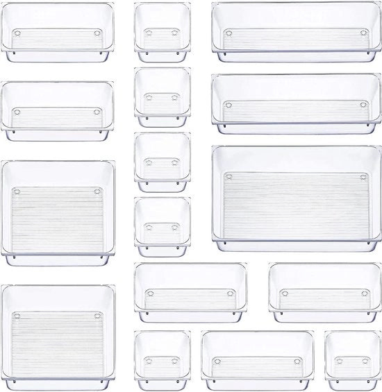 Set di organizzatori trasparenti in plastica per 16 pezzi - Scatole di stoccaggio per make-up, cucina, bagno e ufficio con 5 misure