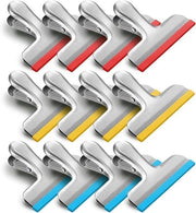 Pacco di 12 clip per sacchetto alimentare in acciaio inox con rivestimento di silicio, colorato, chiusura, per uso in cucina e ufficio, 2,5 pollici (giallo, rosso, blu)
