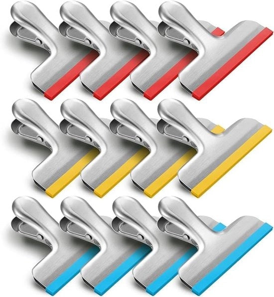 Pacco di 12 clip per sacchetto alimentare in acciaio inox con rivestimento di silicio, colorato, chiusura, per uso in cucina e ufficio, 2,5 pollici (giallo, rosso, blu)