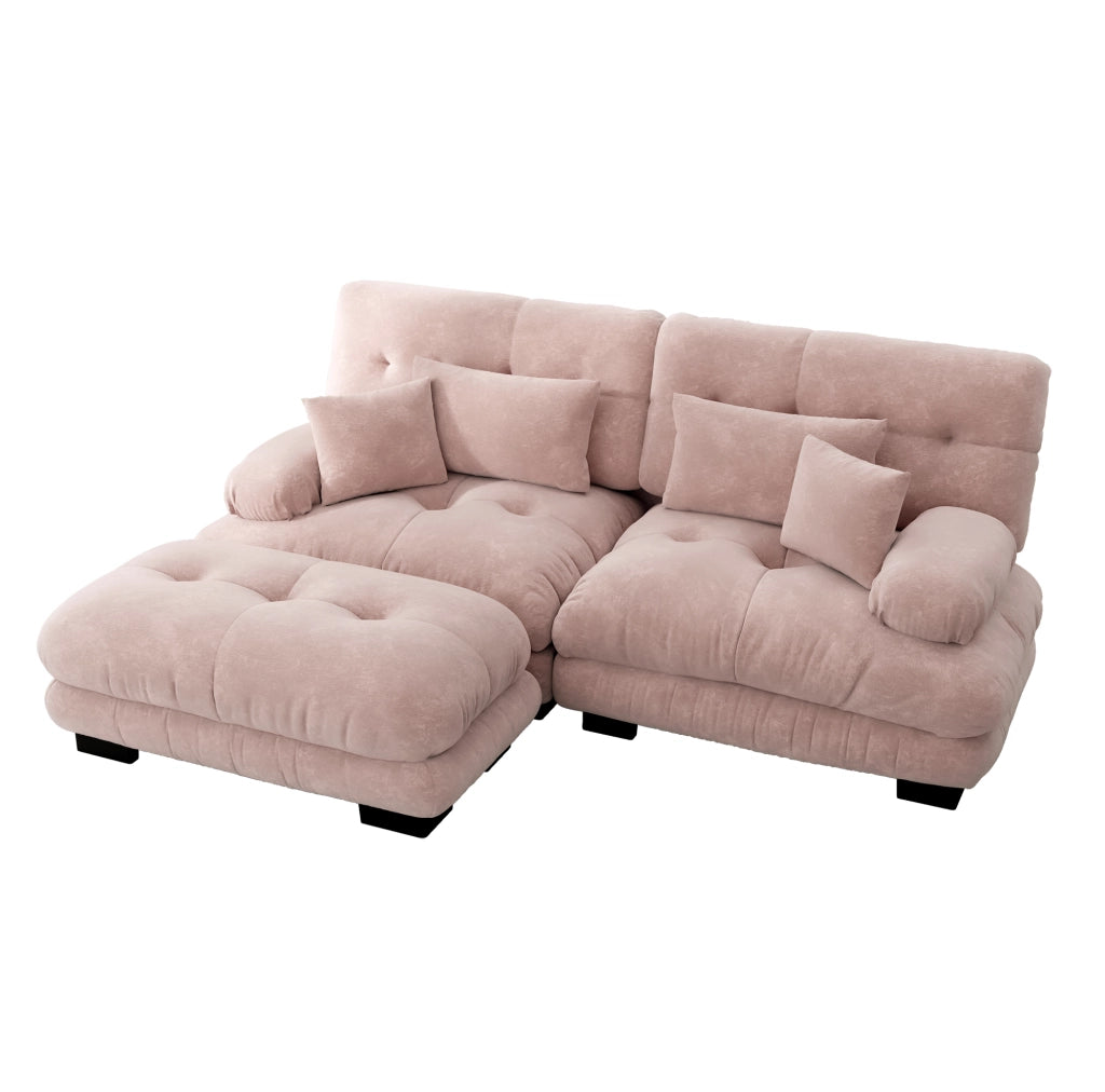 Divano modulare con ottomana 220x145x81 cm in ciniglia rosa con cuscini lombari e decorativi