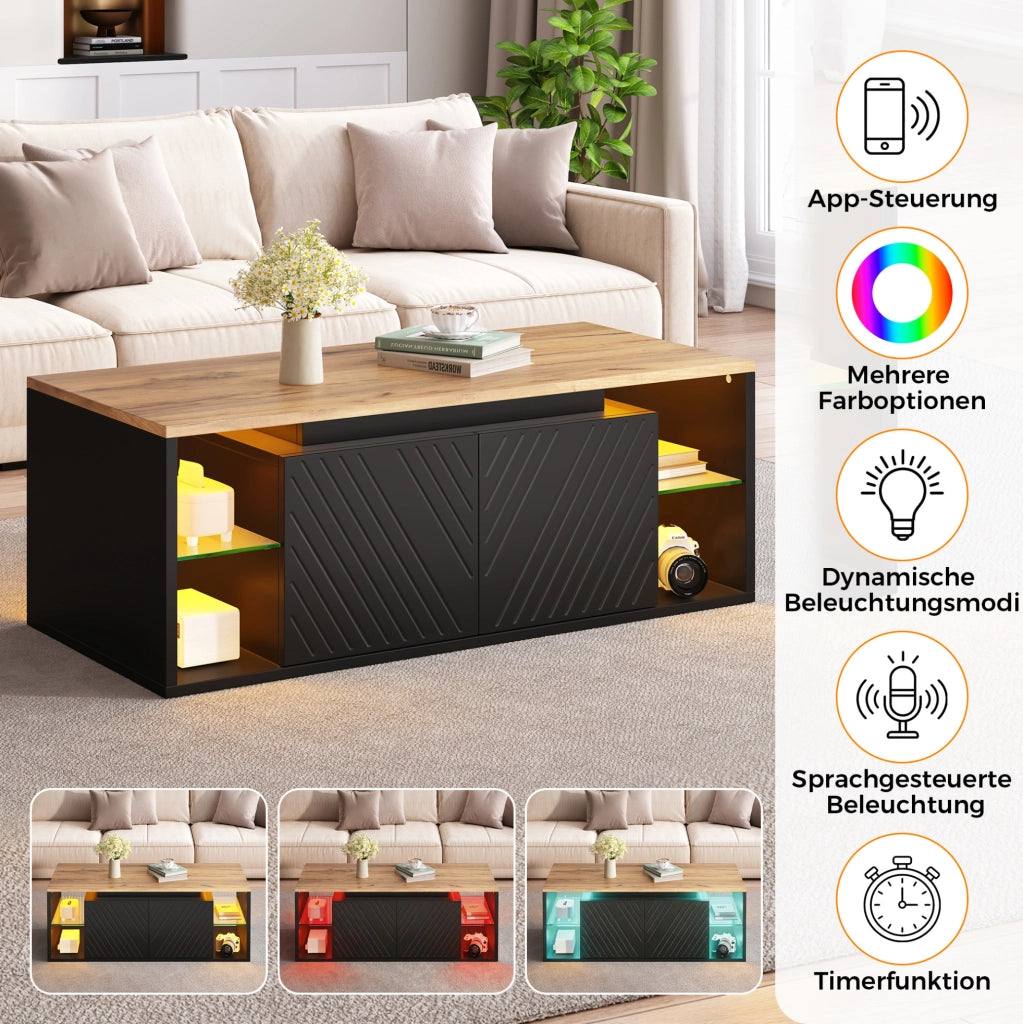 Tavolino da caffè con LED e 2 ante; 100 × 50 × 41 cm; pannello truciolare; nero