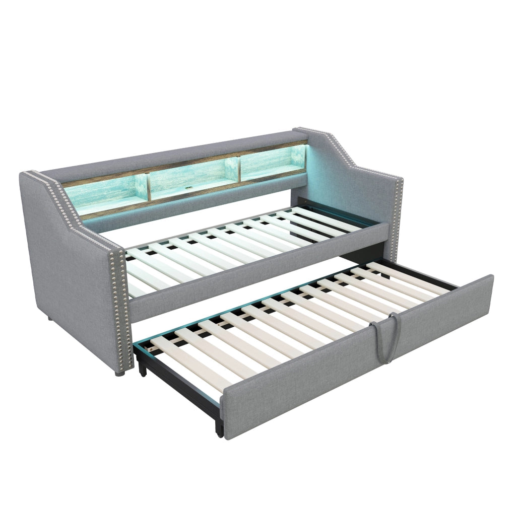 Divano letto estraibile ULEVR 90/180x190 cm con LED, USB e 3 vani laterali, grigio chiaro
