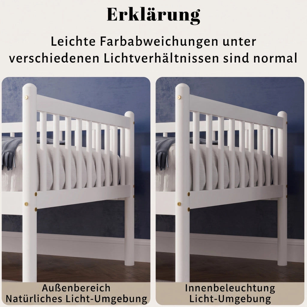 Letto singolo 90 × 200 cm con barriera su 3 lati, 14 listelli, senza materasso, in pino bianco