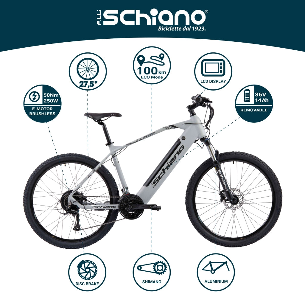 F.lli Schiano  E-Jupiter, Bici Elettrica Mountain Bike 27.5 Inches per Adulti, 36V 14Ah Batteria Rimovibile, Motore 250W