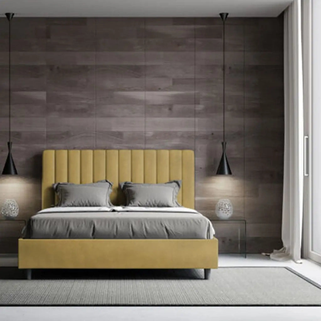 Letto matrimoniale contenitore imbottito 160x210 microfibra ocra Agueda