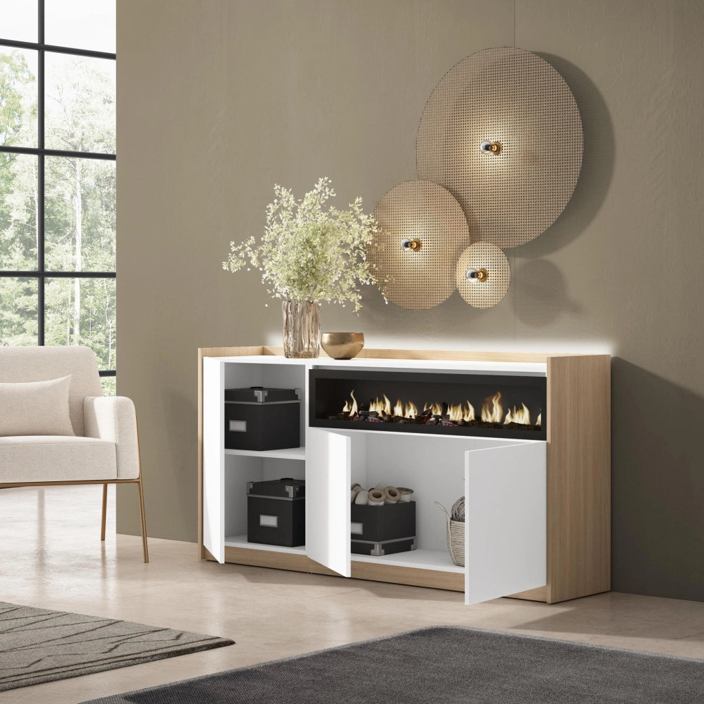 Credenza, Mobile, Cucina, 156x80x37 cm, 3 Porte, Camino elettrico, LED, Bianco e Rovere soft