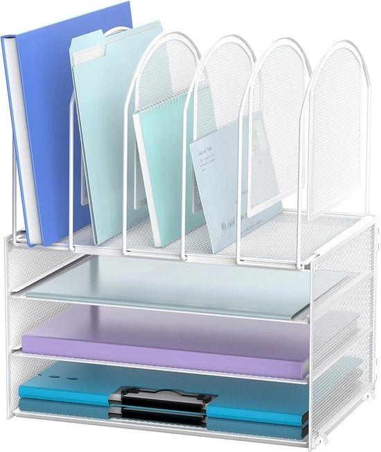 Organizzatore per ufficio per carta, cassetto per lettere a 3 livelli con 5 contenitori verticali, organizzatore multifunzionale per ufficio, accessori per ufficio e casa, bianco