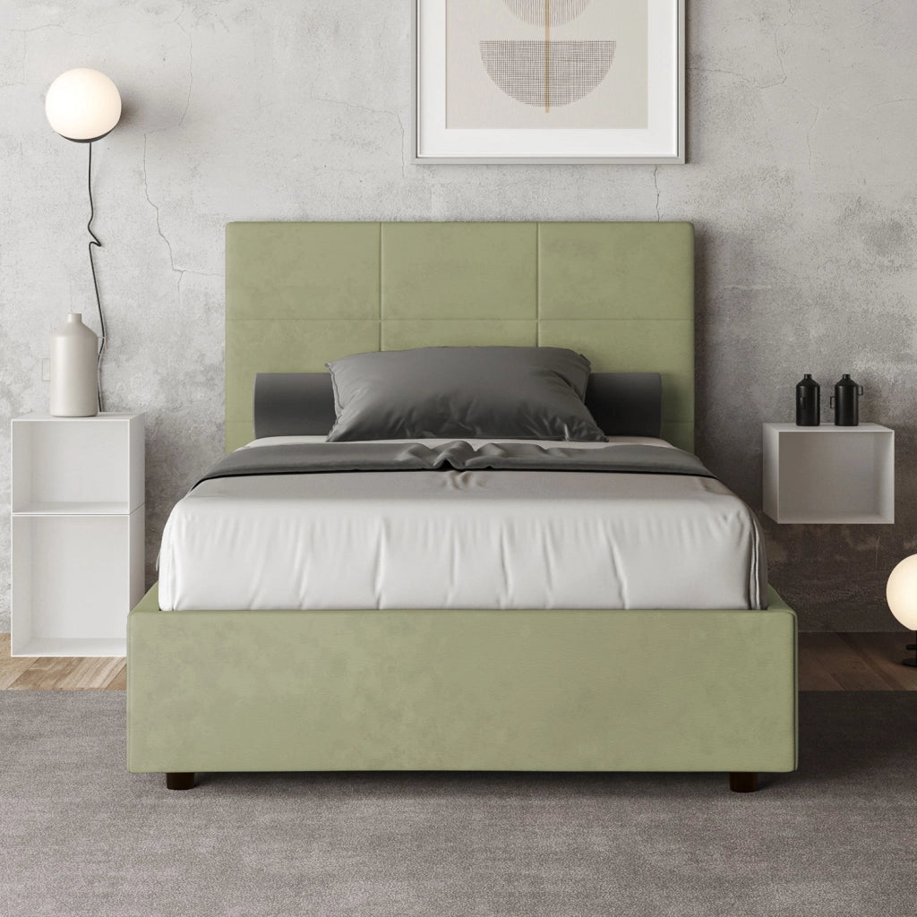 BS COM Letto una piazza e mezza con rete imbottito 120x190 microfibra tè verde