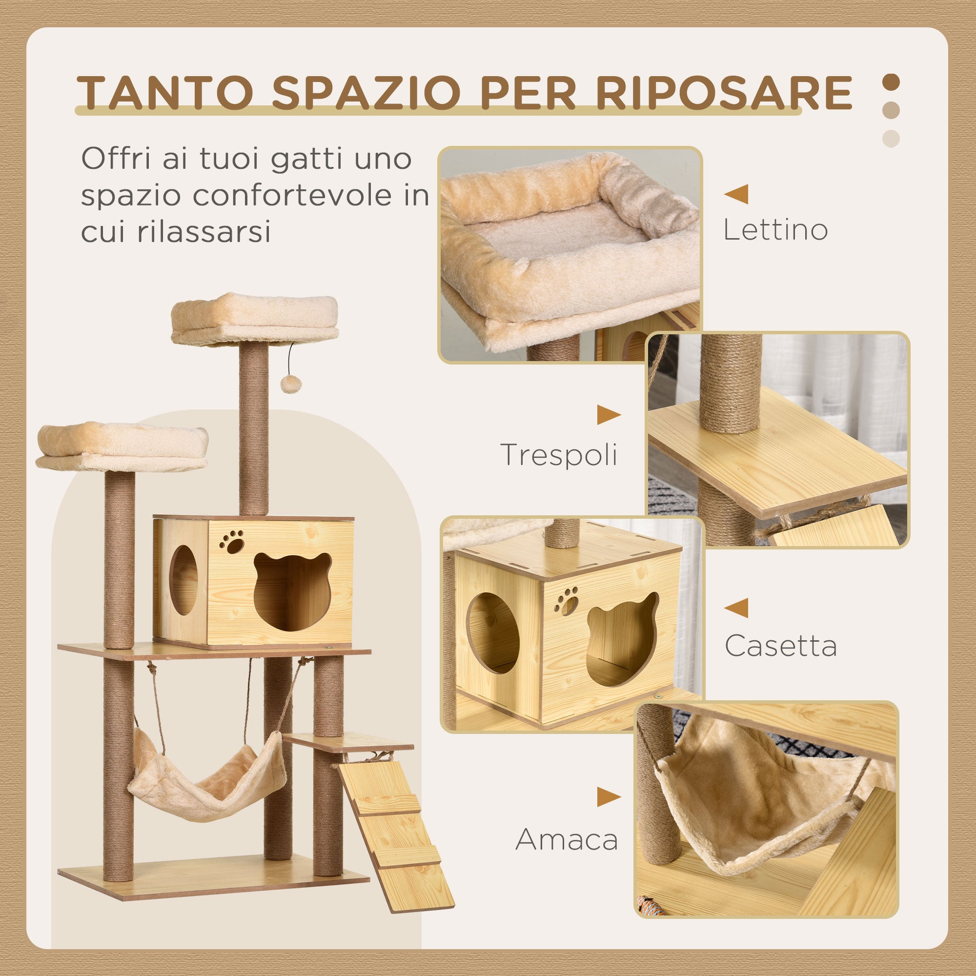 Albero Tiragraffi per Gatti 60x40x130 cm con Casetta Lettini Amaca e Pallina in Legno Poliestere e Sisal Beige