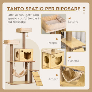 Albero Tiragraffi per Gatti 60x40x130 cm con Casetta Lettini Amaca e Pallina in Legno Poliestere e Sisal Beige
