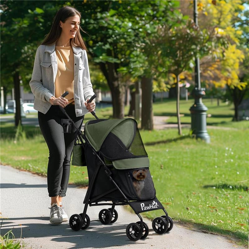 PASSEGGINO PER CANI CON 2 FINESTRE A RETE, IN ACCIAIO E TESSUTO OXFORD, 76X44X103 CM, NERO E VERDE SCURO