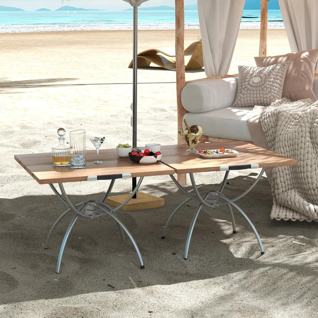 Tavolo da campeggio in alluminio, tavolo da picnic pieghevole da 2 pezzi, design estensibile, piano in legno venato, con borsa per il trasporto, cuscinetti antiscivolo per piedi