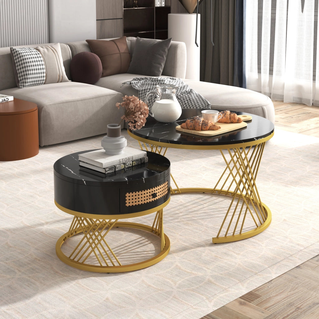 Tavolini da Caffè Impilabili Rotondi con 1 Cassetto; Piano Effetto Marmo; Stile Lusso Leggero; in MDF; Nero; 70×70×45;5 cm