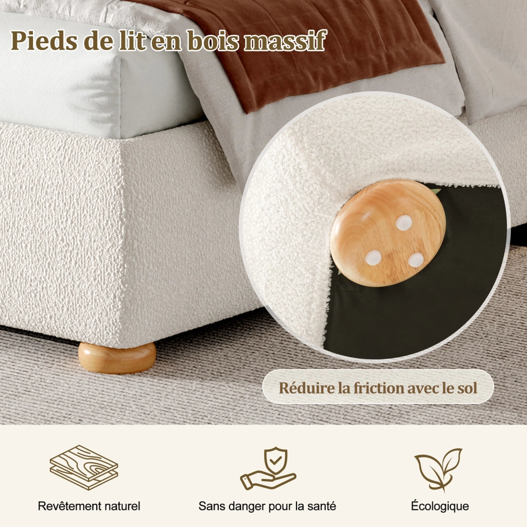 Letto contenitore imbottito 160x200 cm con sollevamento idraulico; rete a doghe; rivestimento bouclé; beige