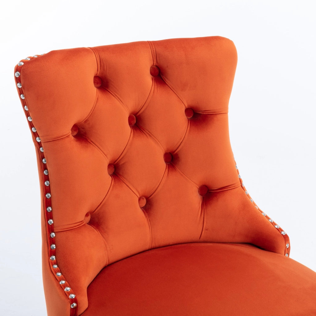 Taburetti da bar in velluto con schienale alto e dettagli rivettati, gambe in legno, stile moderno, arancione