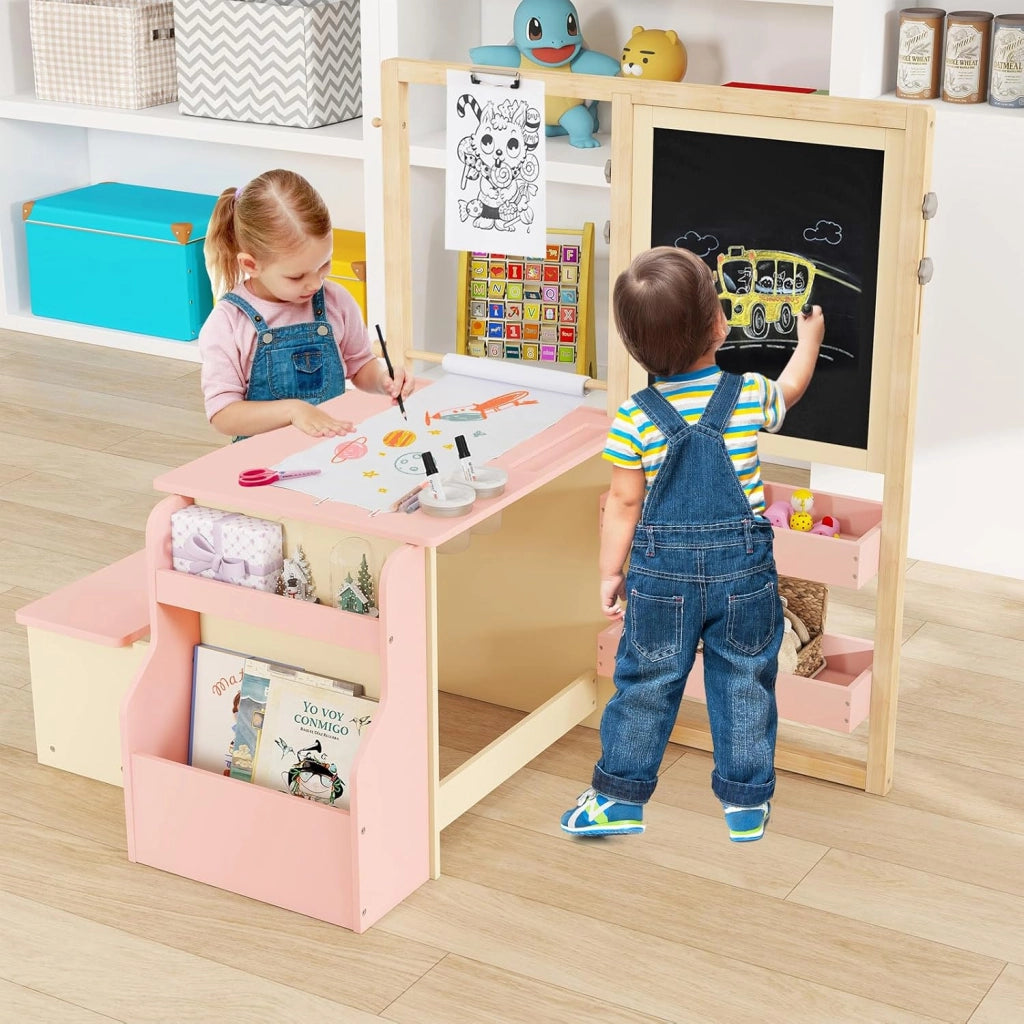 Set 3 in 1 Tavolo e Sedie per Bambini 3+ Anni, Tavolo in Legno Sicuro con Lavagna Cancellabile, Magnetica, Cavalletto Regolabile, Libreria e Accessori Artistici, per Disegno (Rosa)