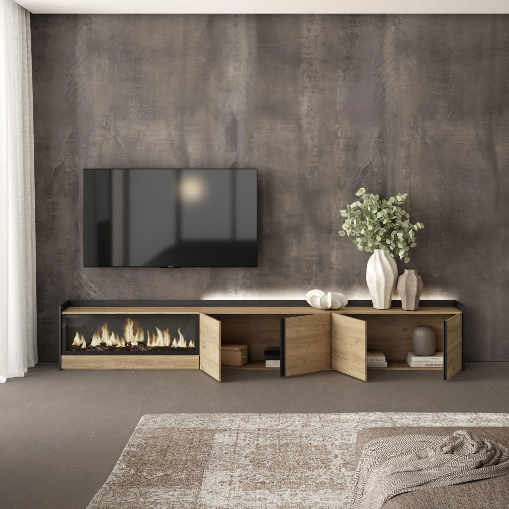 Mobile TV Soggiorno, 315x50x35 cm, Per TV fino a 80", Camino elettrico XXL, LED, Rovere e nero