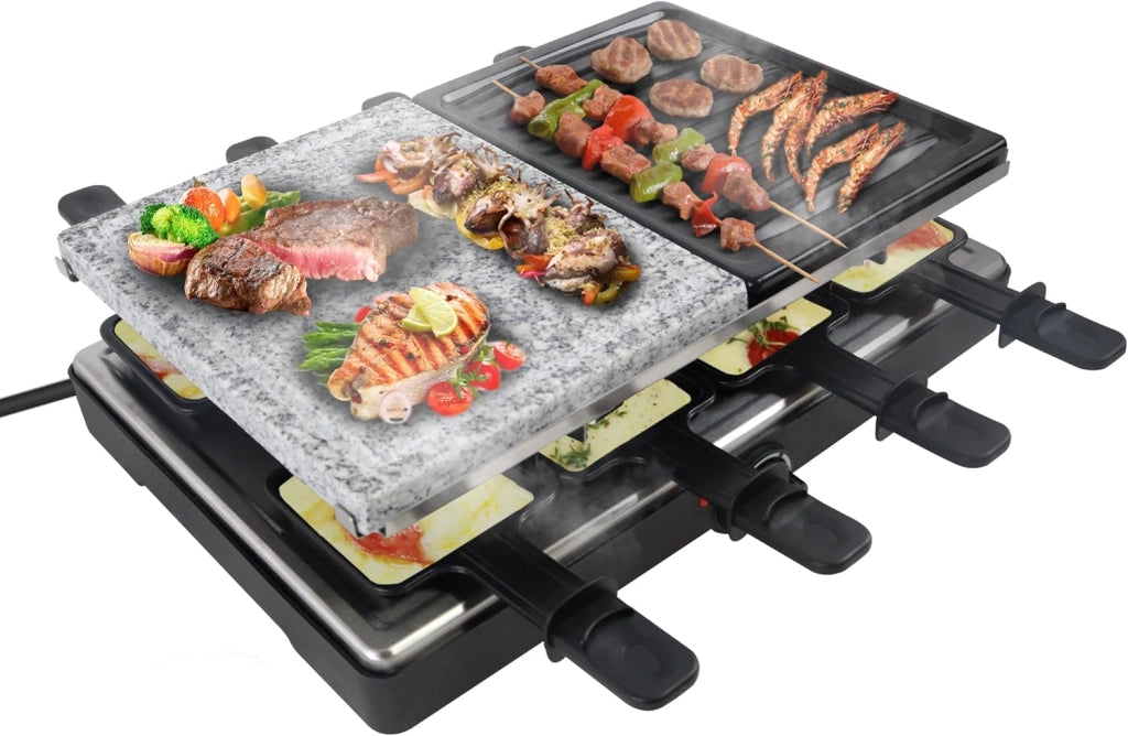 Raclette Grill per 8 persone, 1400 W, con 2 piastre in granito e 2 piastre antiaderenti, regolabile, moderno, acciaio inossidabile