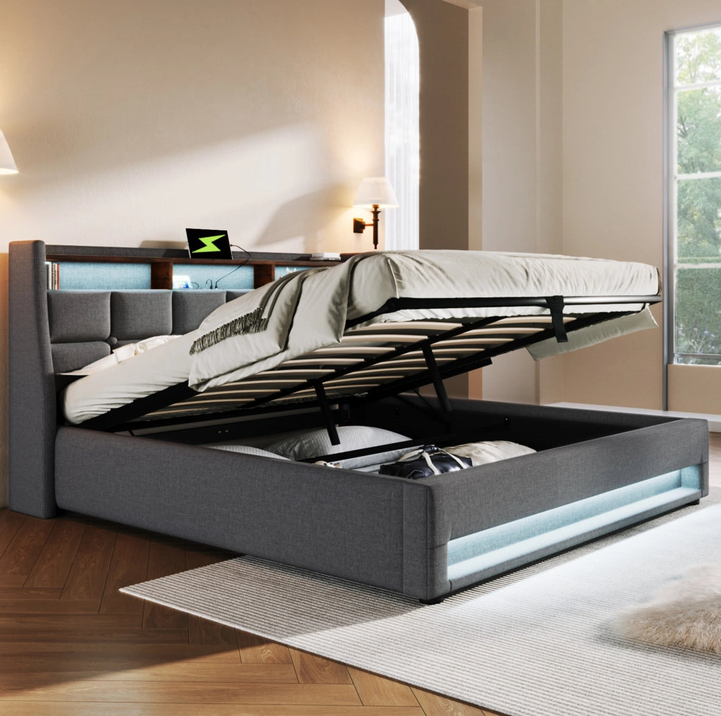 Letto matrimoniale contenitore LED USB 180x200 cm grigio