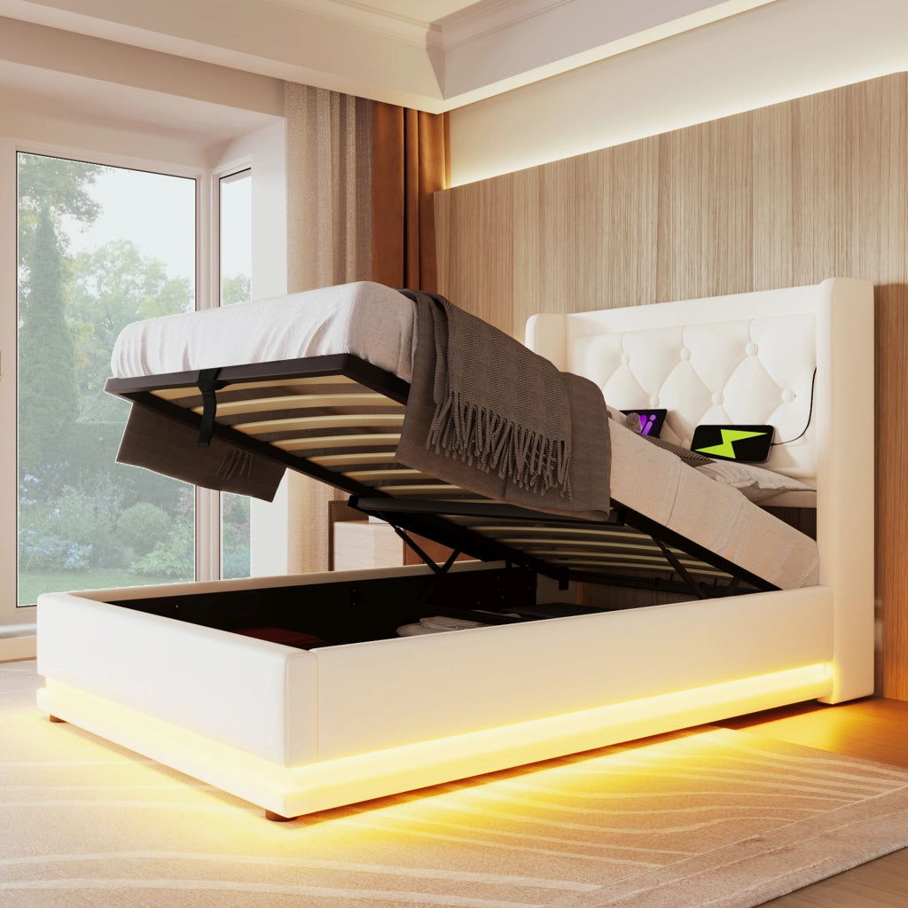 Letto Contenitore Singolo con USB; Tipo C e LED Regolabile 90×200 cm; senza Materasso; in PU Bianco