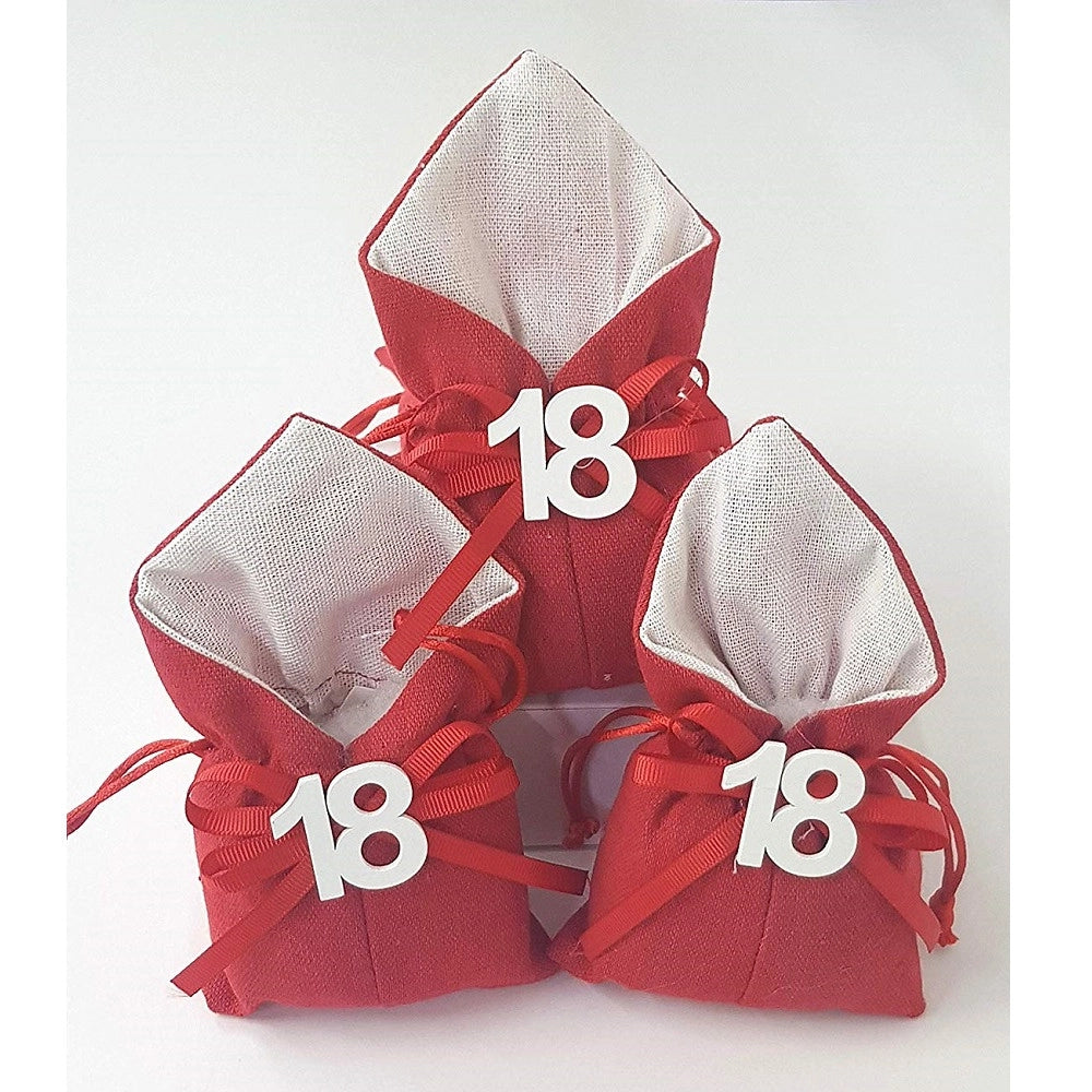 Trade Shop - Set 12pz Sacchetto Rosso Numero 18 Anni Juta 10x13cm Bomboniera Portaconfetti -