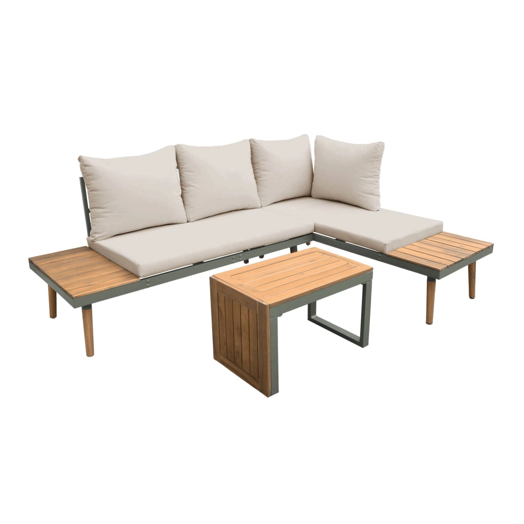 Salotto da giardino in alluminio e acacia,  4 posti, kaki