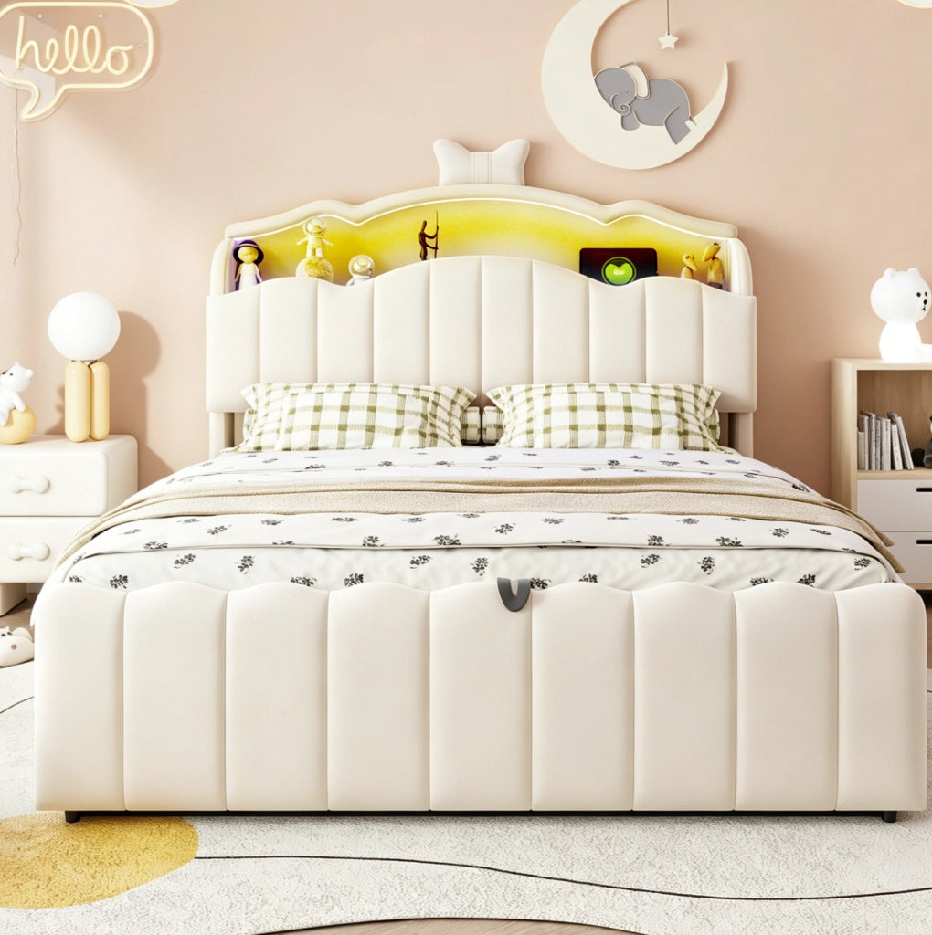 Letto per bambini imbottito 140x200 cm in velluto beige con contenitore; LED e porte USB