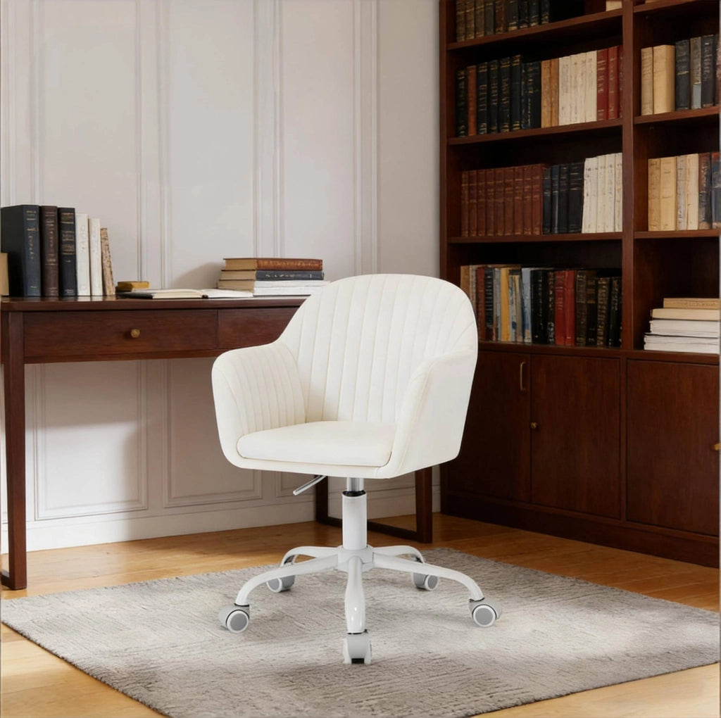 Sedia da ufficio ergonomica in velluto crema con ruote
