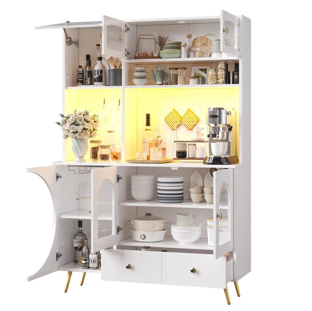 Credenza alta 120x40x176 cm bianca in MDF e vetro, LED e prese USB