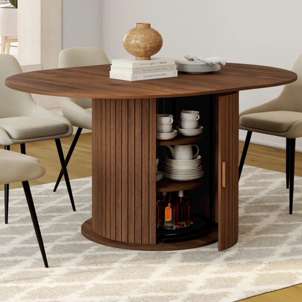 IDMarket - JULIETTE Tavolo da pranzo rotondo allungabile per 4-8 persone con gambe a doghe e contenitore in noce 110-150 cm